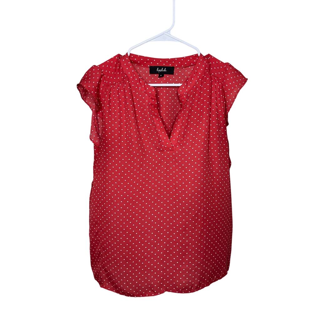 Lipslide Women’s Large Red Mini Heart Print Flutter Sleeve Blou